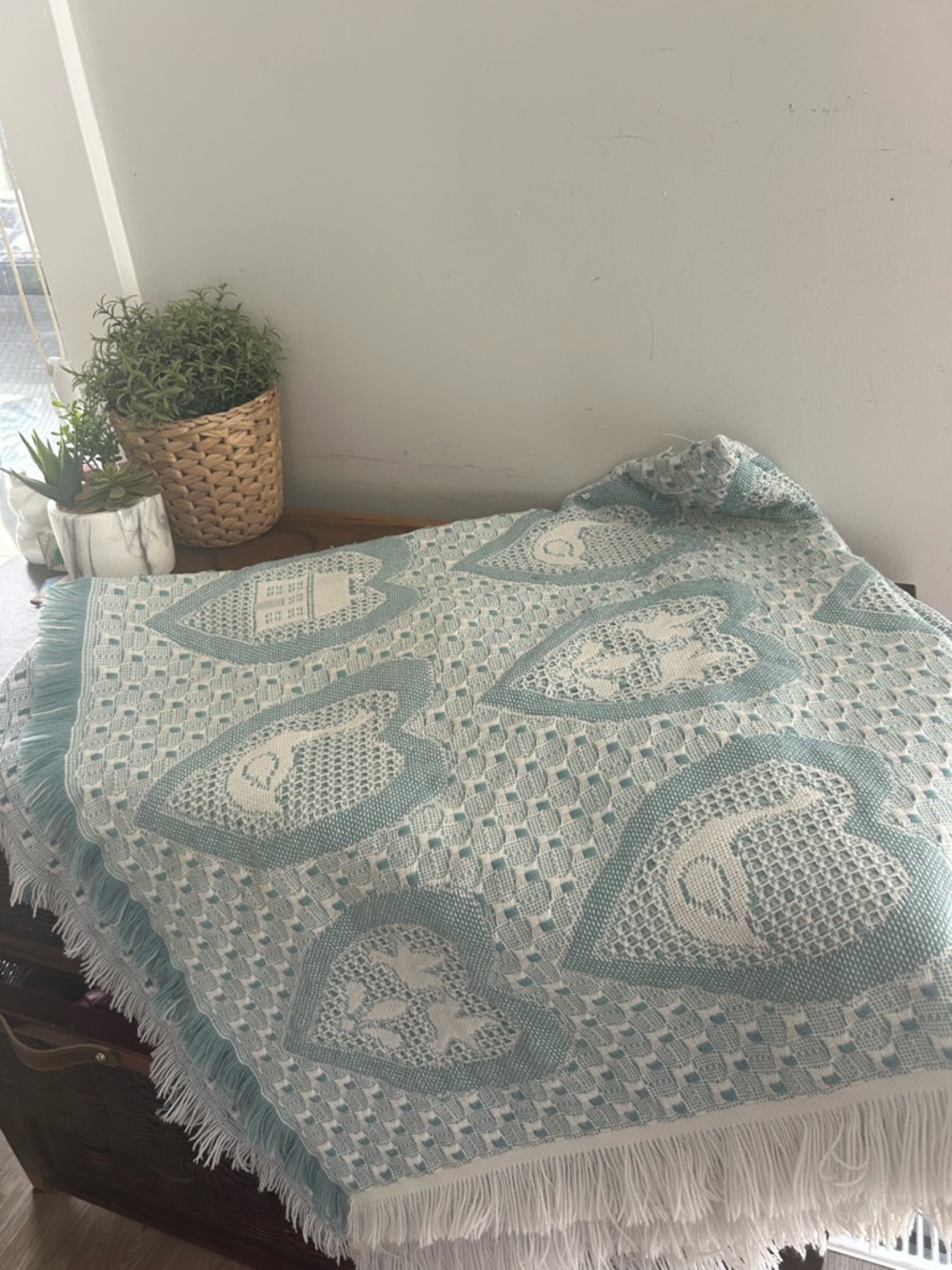 Farmhouse Cottagecore Blue White Heart Jacquard Woven Throw Fringe Border swans